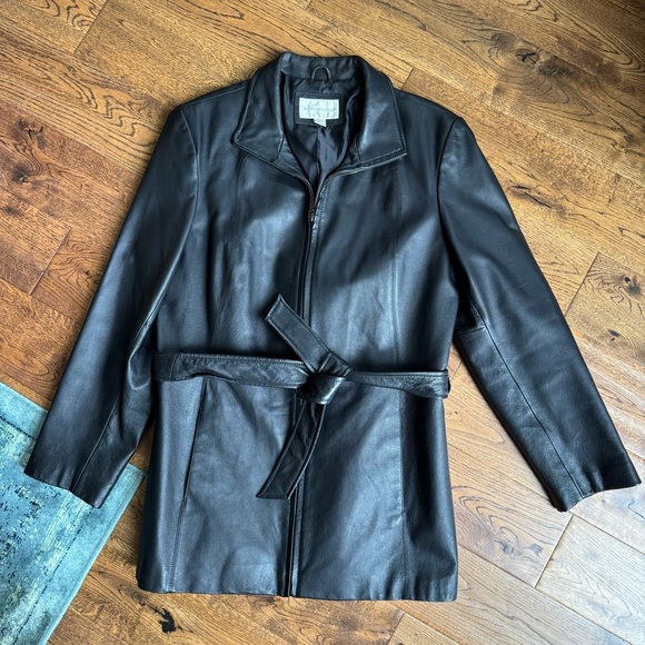 Vintage Worthington Black Leather Longline Belted Collared Zip Front Jacket L - Picture 1 of 15